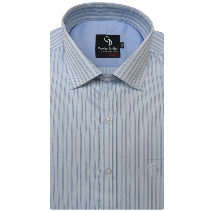 a classic,wide blue stripes on blue base shirt.sports sophisticated details like matching combination inside the collar and white buttons,