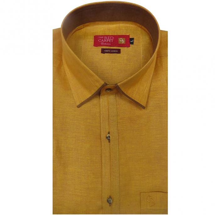 an appealing linen mustard shirt, with simple embroidery on the front placket in contrast mustard, comfortable to wear and feel  relaxed  