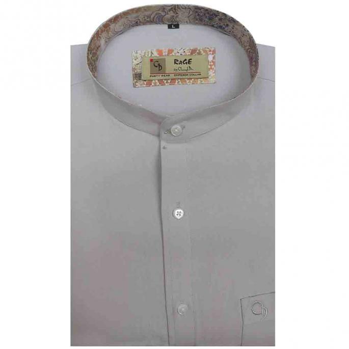a plain gray with print inside the mandarin collar,ideal shirt design for work wear or under jackets and blazers for formal occasions.