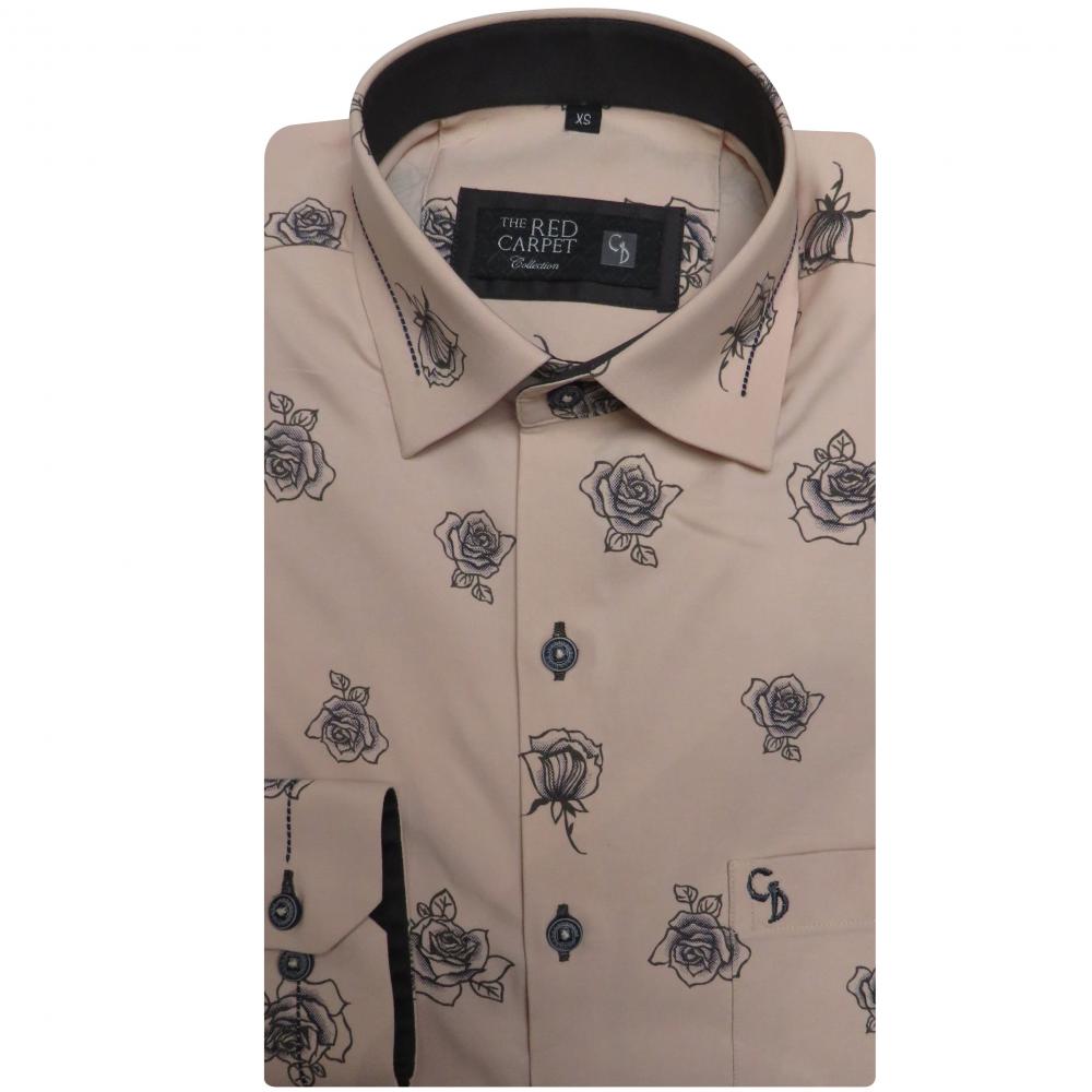 an irresistible peach background shirt,with black and mauve flower prints all over,this is a sundowner favourite, breathable and lightweight