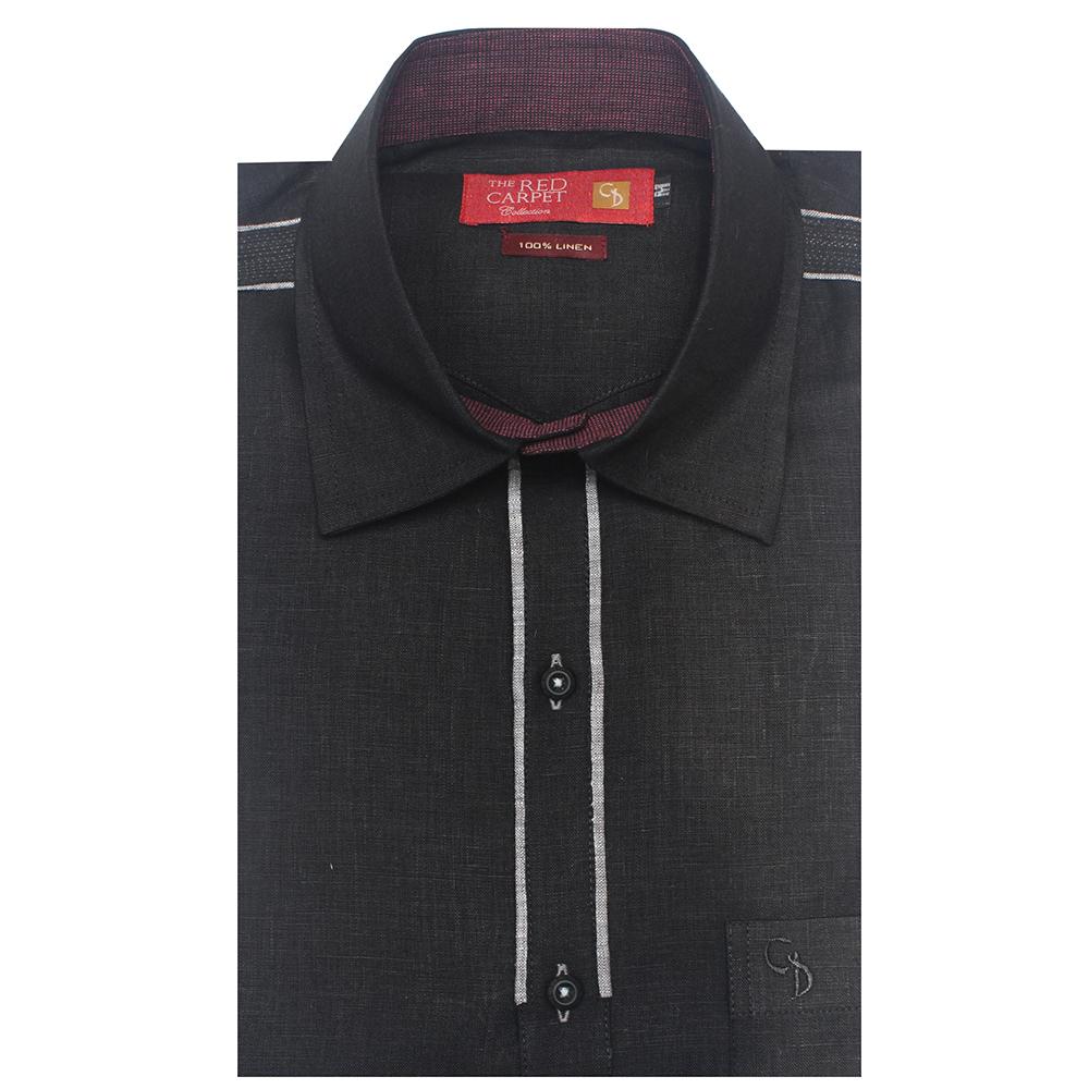 An irresistible plain black linen shirt,piping on the front placket in white,and simple embroidery on shoulder with piping in white,a unique shirt..