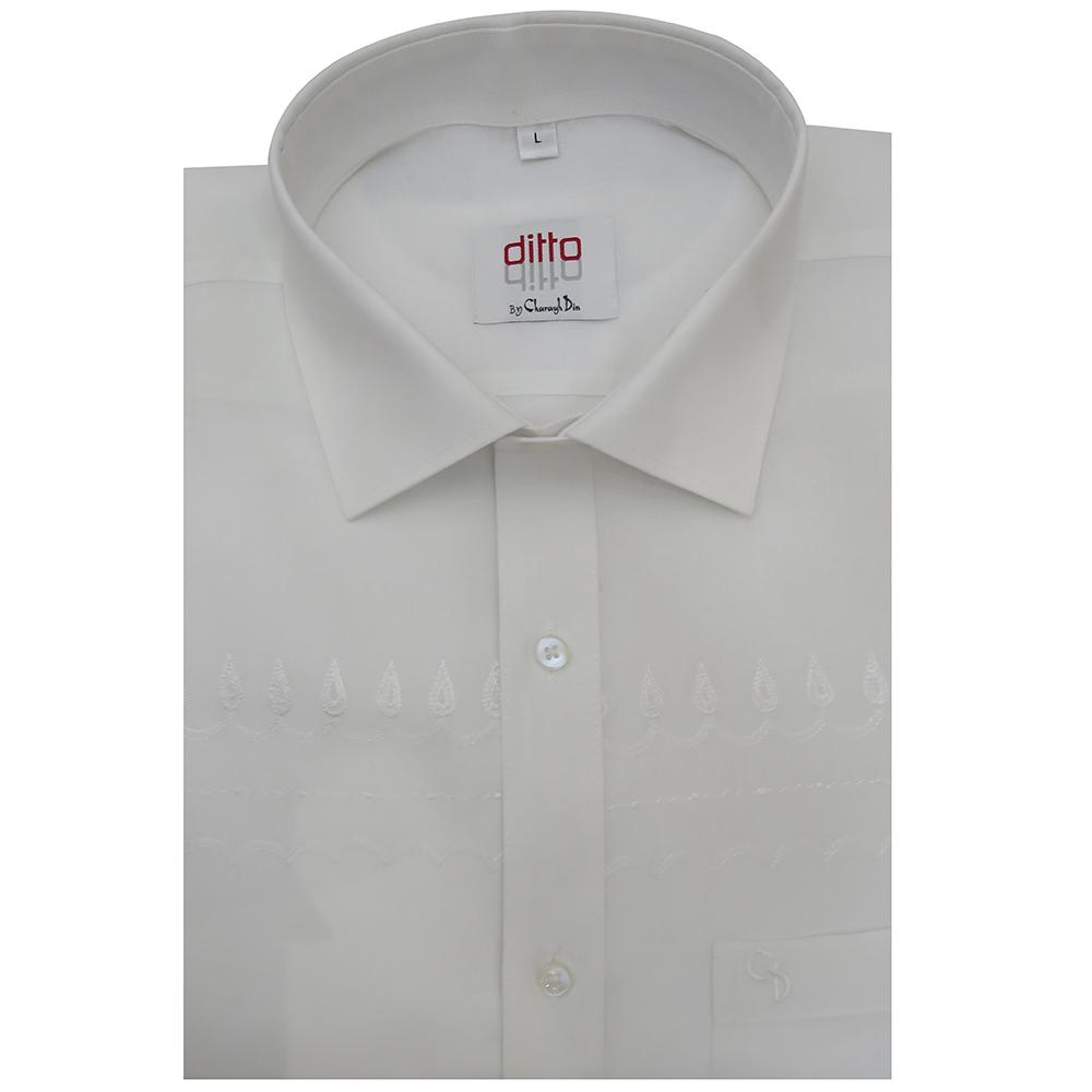 an irresistible white shirt,with simple embroidery on the chest,a shirt specifically made to be worn morning or evening.