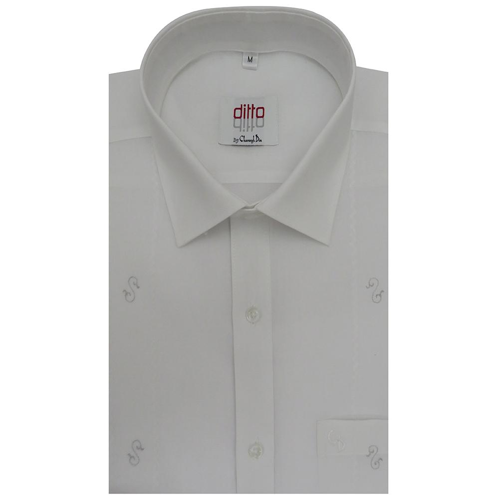 A amazing white shirt,with simple striped embroidery down the front,and small design embroidered in black all over,a unique shirt indeed.