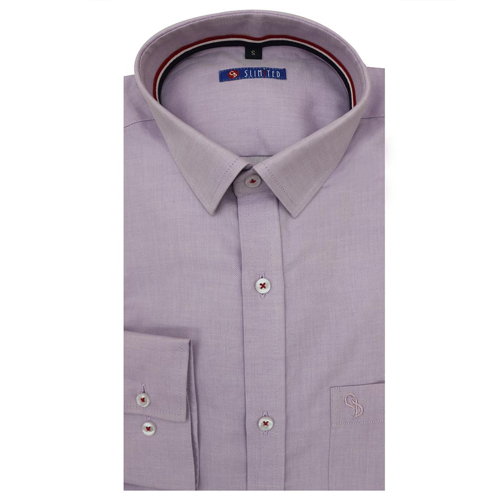 an office wear mauve shirt with black & red piping inside the collar & front placket,red cross stitch on white buttons,a rounded bottom.