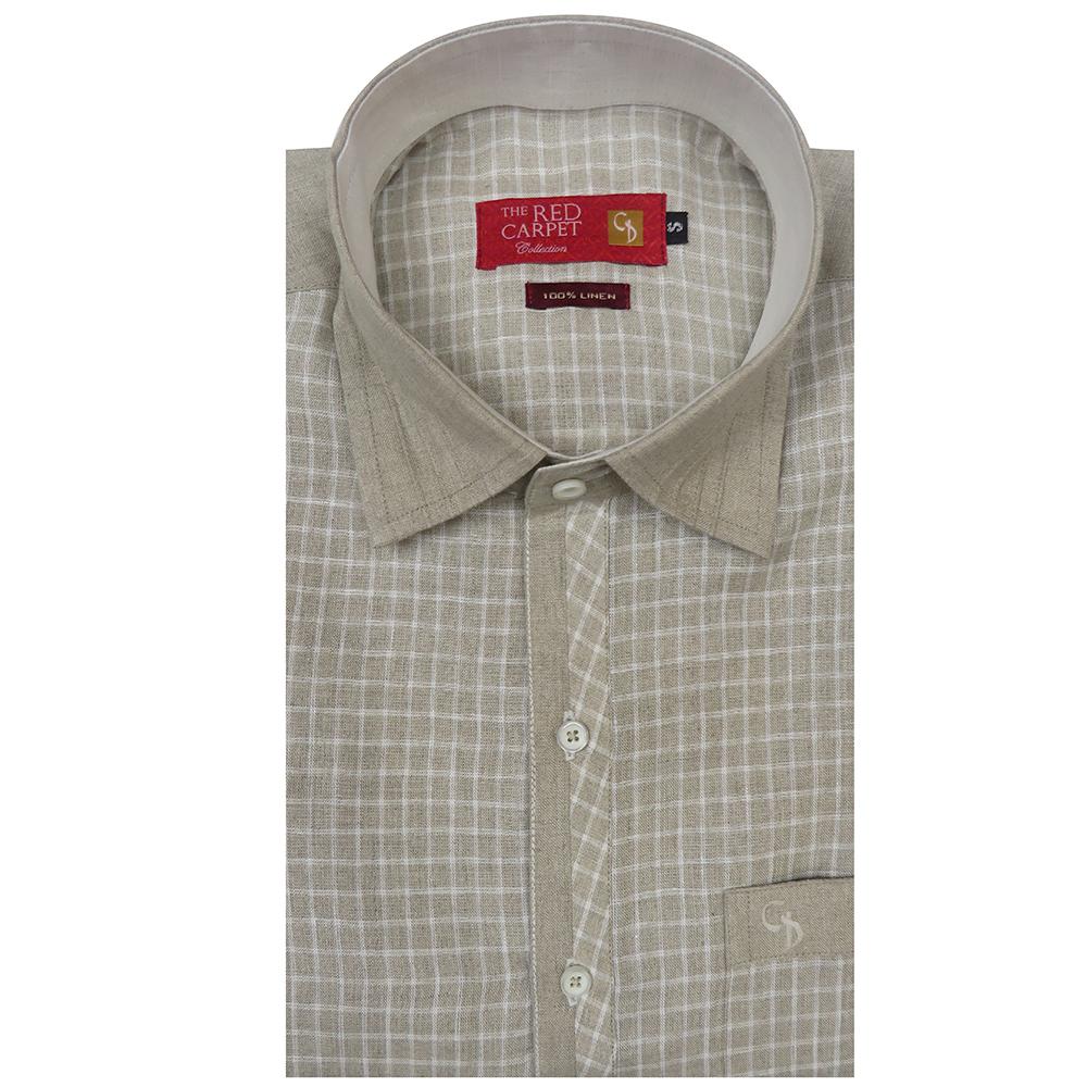 a amazing linen fawn shirt,with checked pattern on the front in white,and collar in fawn and inside white,a fresh look in this unique shirt.